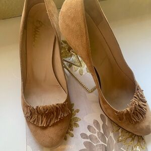 Nude tan round toe Suede Fringe Heels